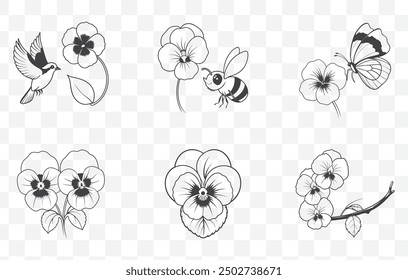 Pansy Flower Line Art Vector Set Detailed Botanical Illustrations of Pansies for Design and Decoration Projects