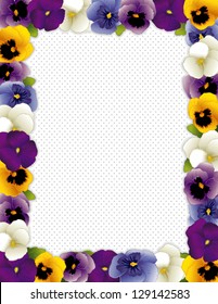 Pansy Flower Picture Frame, spring Violas in lavender, purple, blue, gold, white, polka dot background, copy space for posters, stationery, announcements, scrapbooks. EPS8 includes clipping path.