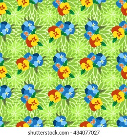 Pansy flower seamless background for design, fabric, print, textile. Summer colorful template