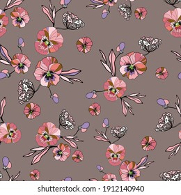 Pansy flower seamless pattern. Cute pastel red blossoms. Design for fashion,fabric,web,wallpaper,and all prints on light beige background color.