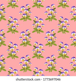 Patrón sin costuras de flores pansy, Papel de pared rosa floral. Diseño plano. Ilustración botánica.