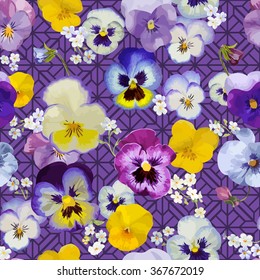 Pansy Flowers Background - Seamless Floral Shabby Chic Pattern - in vector