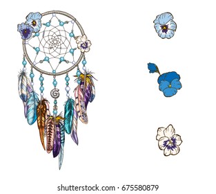 Pansy flowers. Dream catcher with feather. Astrology, spirituality, magic symbol. Ethnic tribal element. Vector illustration. Botanical theme