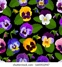 Pansy flowers seamless pattern. Bright flowers on a black background. Background for design of wrapping paper, pattern for fabric. Fashionable clothing style. Vector image
