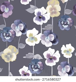 Pansy Flowers Seamless Pattern Dark Background Design