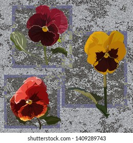 
Pansy flowers - yellow, pink and burgundy, on a gray background with a stone structure, surrounded by a dark frame. Design element, trendy print.  Military and romance.