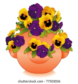 Pansy, gold and deep purple spring garden fresh flowers, clay strawberry pot planter isolated on white background. Viola hortensis. EPS8 compatible.