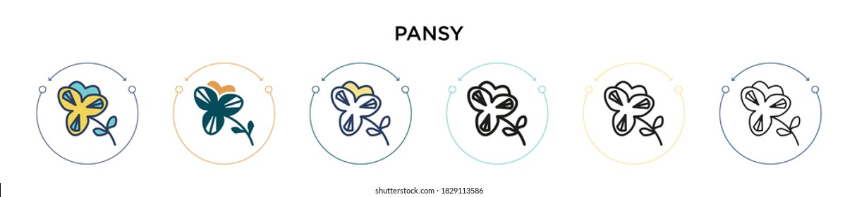Pansy icon in filled, thin line, outline and stroke style. Vector illustration of two colored and black pansy vector icons designs can be used for mobile, ui, web