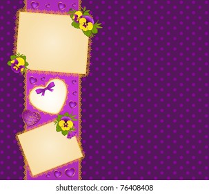 Pansy with lace ornaments on background. Vector