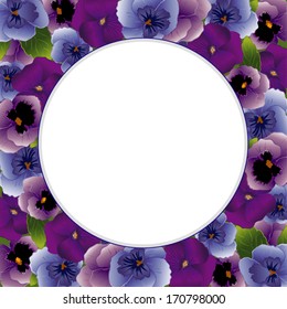 Pansy Picture Frame. Fresh spring garden flowers in lavender, purple and blue, round copy space for posters, stationery, scrapbooks, announcements. Viola hortensis,  EPS8 compatible.
