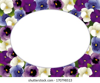 Pansy Picture Frame. Fresh spring garden flowers in lavender, purple and blue and white, oval copy space for posters, stationery, scrapbooks, announcements. Viola hortensis, EPS8 compatible.