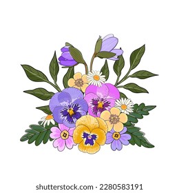 Flores de panadería y primavera arte vectorial de ramo para papel, impresión o tarjeta. Ilustración de flores de jardín dibujadas a mano.