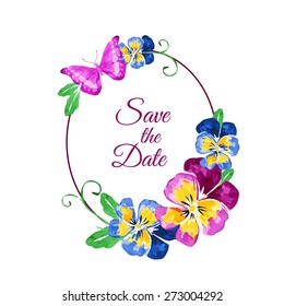 Pansy watercolor background. Vector illustration. Viola. Floral frame. Butterfly.