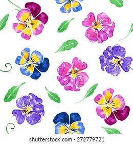 Pansy watercolor illustration. Viola. Seamless vector pattern. Colorful floral background.