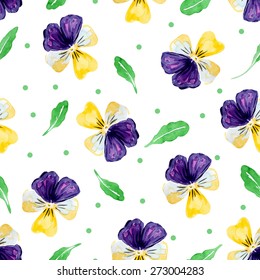 Pansy watercolor pattern.  Viola. Seamless vector colorful floral background.