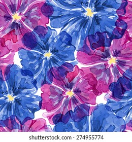 Pansy watercolor pattern. Viola. Seamless vector colorful floral background.