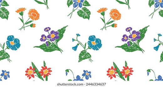 Pansy,violets wildflowers,hand drawn, spring,seamless pattern, white background, textile,fabric, wallpaper, paper, vector hand drawn illustration