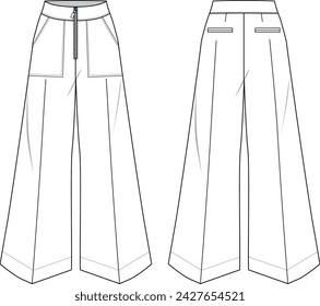 Women’s pant, Fashion Flat Sketch Vector Illustration, CAD, Technical Drawing, Flat Drawing, Template, Mockup.