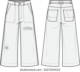 Pantalón de mujer, Ilustración vectorial de boceto plano de moda, CAD, Dibujo técnico, Dibujo plano, Plantilla, Mockup.