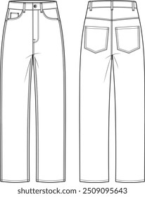 Calça de mulher, Moda Flat Sketch Vetor Ilustração, CAD, Desenho Técnico, Desenho Plano, Modelo, Montagem.