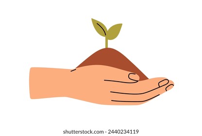 Planta, plántulas que crecen en el suelo, tierra. Mano sosteniendo la naturaleza, pequeño brote de hoja verde en la tierra. Nueva vida, ecología, concepto de desarrollo. Ilustración vectorial gráfica plana aislada sobre fondo blanco