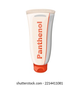 Panthenol package vector illustration. Cartoon isolated plastic container with medical or cosmetic product to care skin health after sun, tube with label, lid and panthenol, analog of pantothenic acid