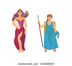 Pantheon of ancient Greek gods. Ancient female Greece Gods Athena and Hera. Hera, patroness of marriage and conjugal love. Athena, the goddess of wisdom cartoon vector illustration