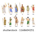 Pantheon of ancient Greek gods, Ancient Greece mythology. Set of characters with names. Flat vector illustration. Isolated on white background.