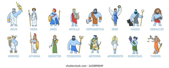 Pantheon of ancient Greek gods, Ancient Greece mythology. Set of cartoon characters with names. Flat vector illustration, isolated on white background.