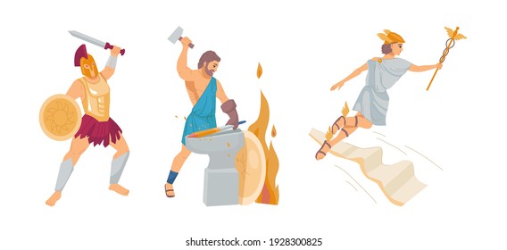 Pantheon of ancient Greek gods. Ancient Greece Gods Hephaestus, Zeus, Ares. Patrons of fire and crafts, war, sky, thunder and lightning, cartoon vector illustration