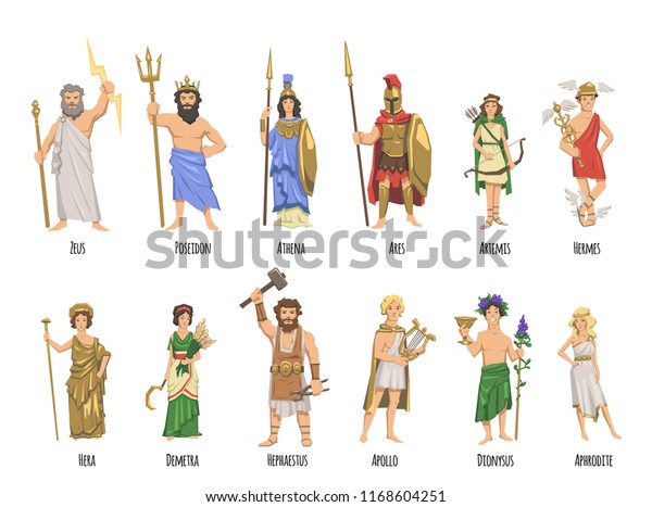 Pantheon of ancient Greek gods, Ancient\
Greece mythology. Set of characters with names. Flat vector\
illustration. Isolated on white\
background.