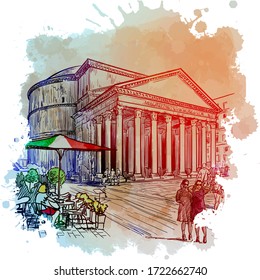 Pantheon Basilica In Rome, Italy. Vintage Design. Linear Sketch On A Watercolor Textured Background. EPS10 Vector Illustration