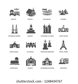 Pantheon, Buddha, Airport, Church, Eiffel tower, Christian Cemetery, Taj mahal, Goverment Building icon 16 set EPS 10 vector format. Icons optimized for both large and small resolutions.