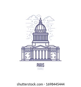 Pantheon - an iconic landmark of city of Paris, capital of France. The monumental building is a mausoleum of distinguished French citizens.  City sight vector icon in simple linear style