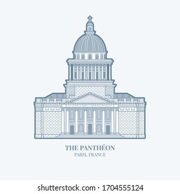 Pantheon - an iconic landmark of city of Paris, capital of France. The monumental building is a mausoleum of distinguished French citizens.  City sight vector icon in simple linear style