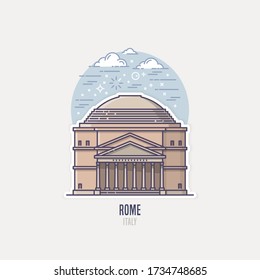 The Pantheon - An Iconic Landmark Of City Of Rome, Capital Of Italy. The Monumental Building Is A Former Roman Temple, Now A Catholic Church.  City Sight Vector Icon In Simple Linear Style