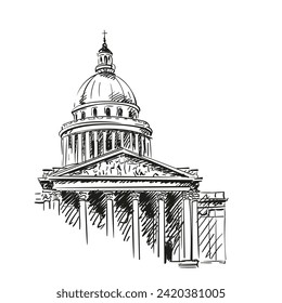 Pantheon in Paris, France, Main facade and dome, Hand drawn architectural sketch, Vector illustration hand drawn black pen on white