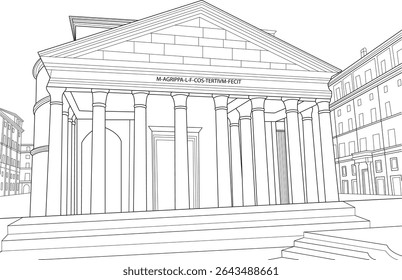 Pantheon Rome Line Art Illustration, Hand-drawn line art illustration of the Pantheon in Rome, Italy. This ancient Roman temple is a famous landmark and architectural masterpiece.
