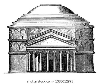 Façade of the Pantheon at Rome, most important and most beautiful of circular buildings, its without columns surrounding, completed in the reign of Augustus, vintage line drawing or engraving