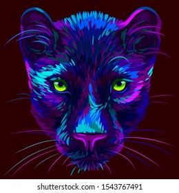 Panther. Abstract, multi-colored, neon portrait of a panther head on a dark brown background in pop art style.