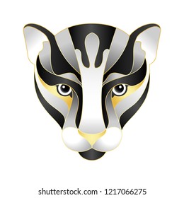 Panther abstrsct head isolated on white background. Gold, white and gray animal sign for tattoo, logotypes, textile and T-shirt prints, apparel graphics.