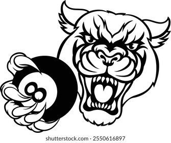 A panther angry mean pool billiards mascot cartoon character holding a black 8 ball. 