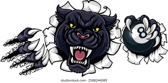 A panther angry mean pool billiards mascot cartoon character holding a black 8 ball. 