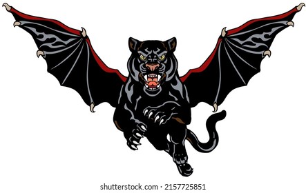 Pantera con alas tipo murciélago. El gato grande alado mitológico salta en la vista frontal. Ilustración vectorial aislada estilo tatuaje 