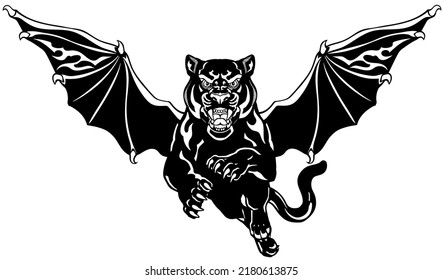 Panther with bat-like wings. Mythological winged big cat jump in the front view. Tattoo style isolated vector illustration. Black and white 