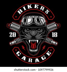 Panther Biker With Spark Plugs. Vector Illustration With Motorcycle Rider. Design Of Biker Patch. All Elements, Colors Text (curved) Are On The Separate Layers.