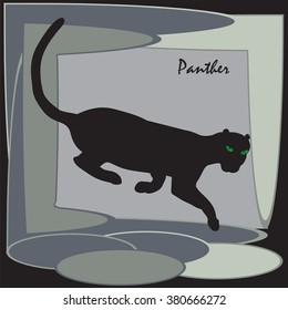 Panther black silhouette green eyes isolated illustration abstract gray background vector label Panther