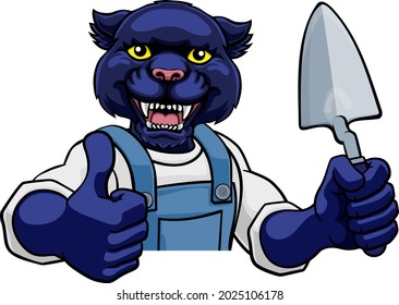 A panther bricklayer builder construction worker mascot cartoon character holding a trowel tool and peeking around a sign giving a thumbs up