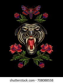 Panther, butterfly and flowers embroidery patch for textile design.