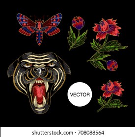 Panther, butterfly and flowers embroidery patch for textile design.